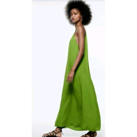 ZARA Dress WOMAN NWT EFFECT HALTER Spli Green 4437 080 Small 18" Ptp Viscose - Picture 3 of 9